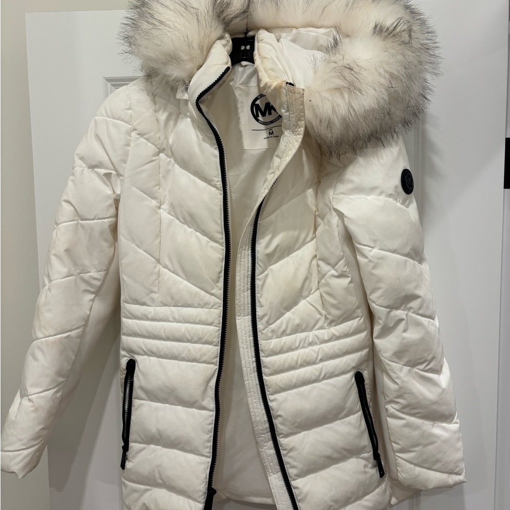 Michael Kors Cream Quilted Puffer with Faux Fur Hood